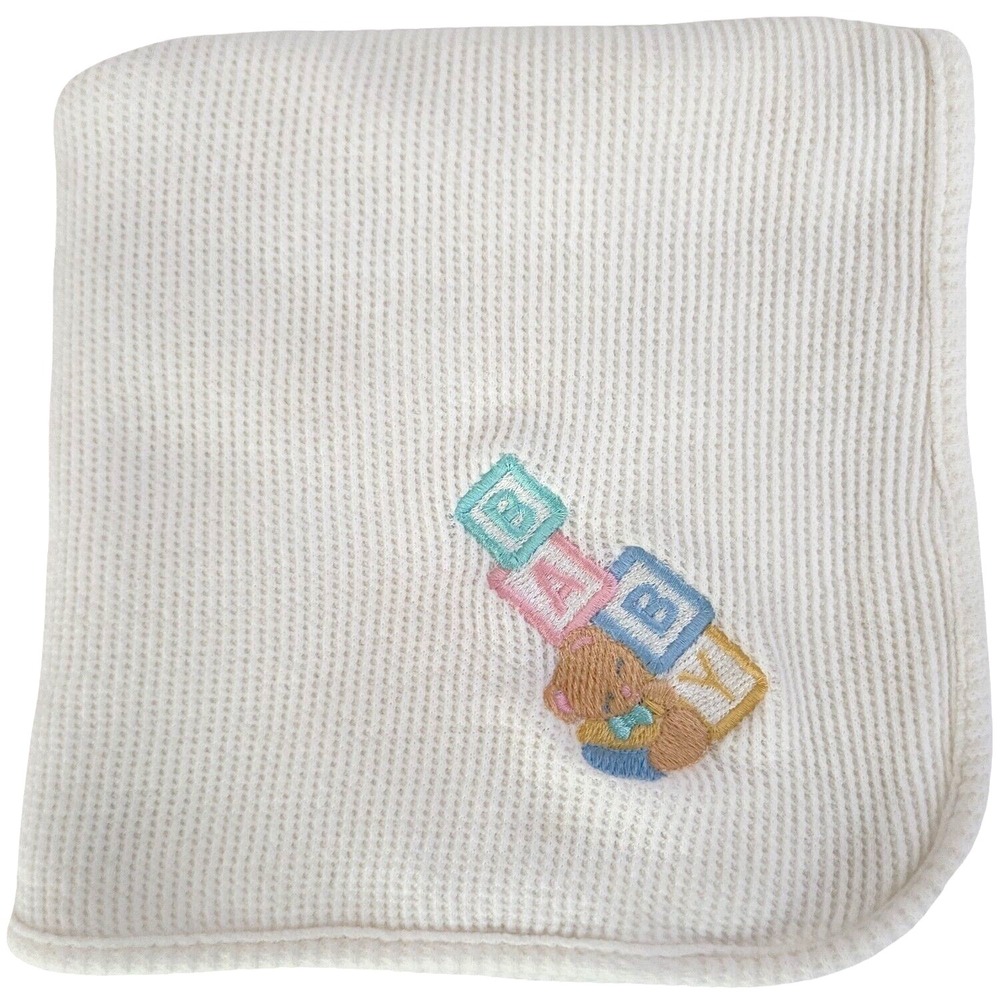 Vtg OWEN White Thermal Baby Blanket Bear Blocks Unisex Lovey 24x31 Embroidered‎